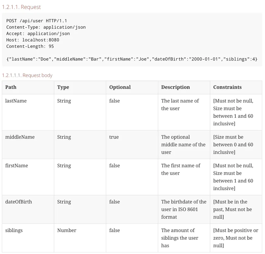 Screenshot of the constraints visualized with Spring REST Docs